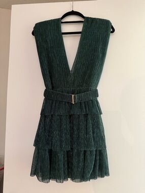 Olivaceous Emerald Metallic Deep V Mini Dress